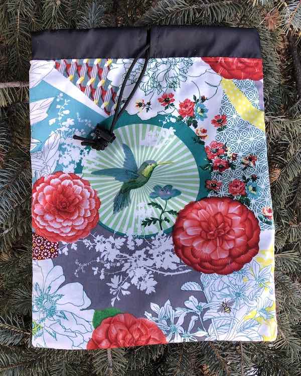 hummingbird flat drawstring bag, Rummikub tile bag, travel bag, craft supply bag