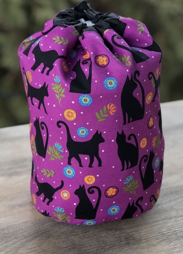 black cats knitting or crochet WIP bag, Rummikub tile bag