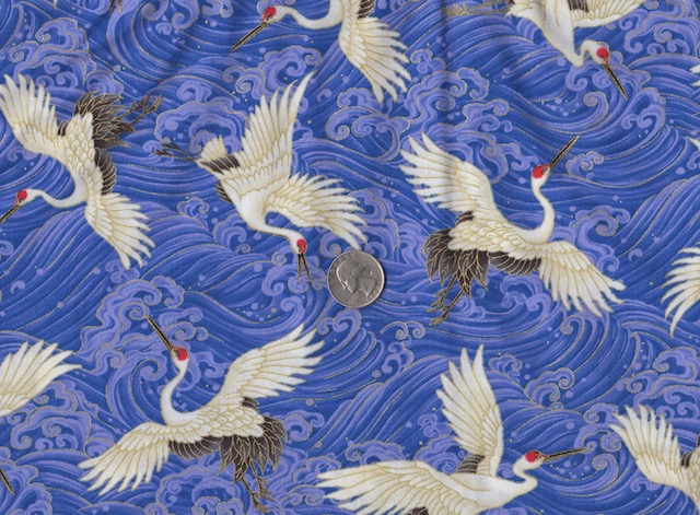 Japanese cranes on blue fabric for mahjong tote and tile set