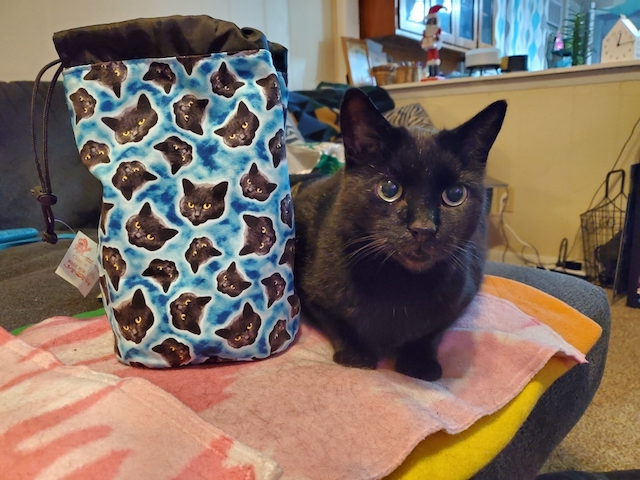 Black cat drawstring bag for Scrabble tiles