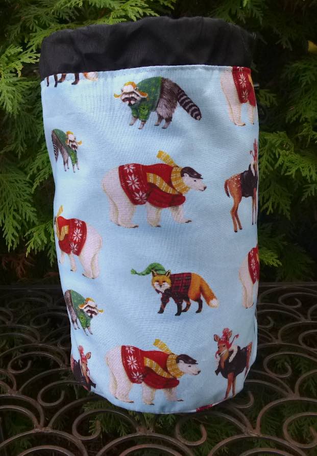cute animals in sweaters drawstring knitting project bag