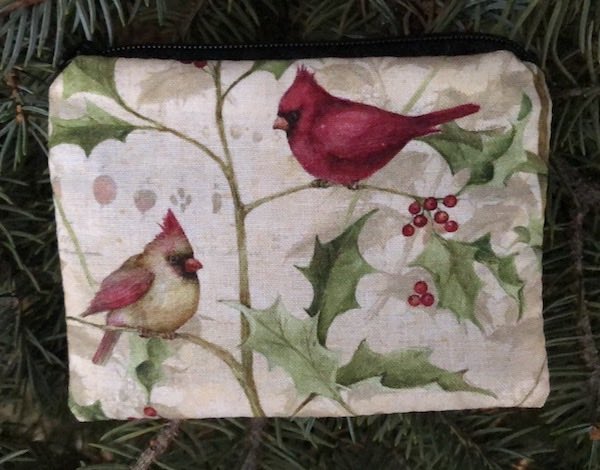 cardinals and holly coin purse reusable gift pouch
