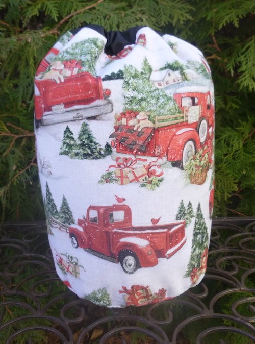 Red trucks and Christmas trees drawstring bag for knitting game tiles reusable gift bag