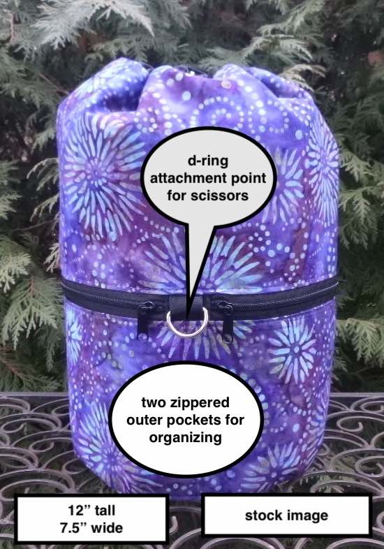 large round drawstring knitting project bag with pockets