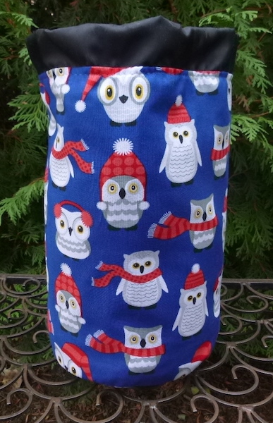 Owls in winter hats drawstring knitting project bag