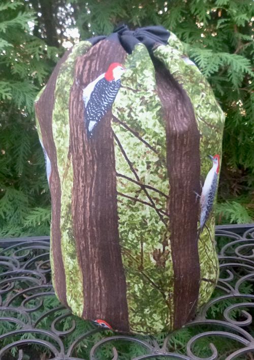 woodpecker drawstring bag for knitting, Scrabble or Mahjong tiles