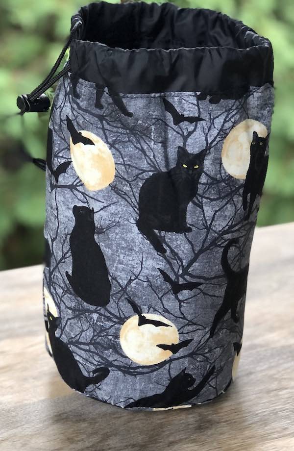 Black Cats and Bats SueBee Round Drawstring Bag, Black Cat Capers