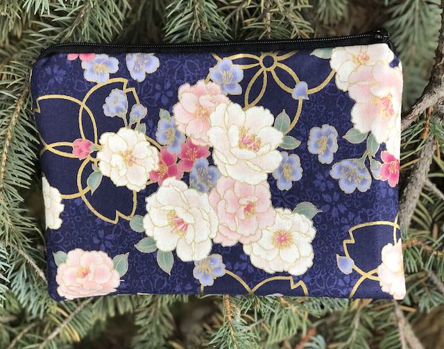 Peonies on Navy zippered bag, The Scooter