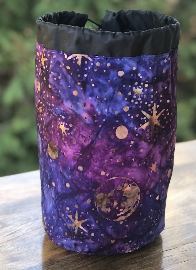 Purple Batik Sky SueBee Round Drawstring Bag