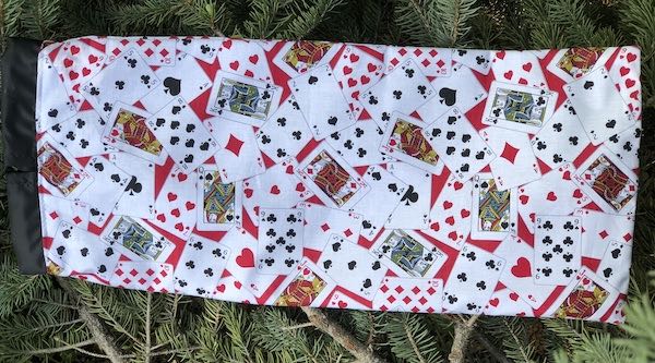 Cards on red drawstring bag for canasta racks and card spinner, Rummikub racks and tiles,  the Racker Jr