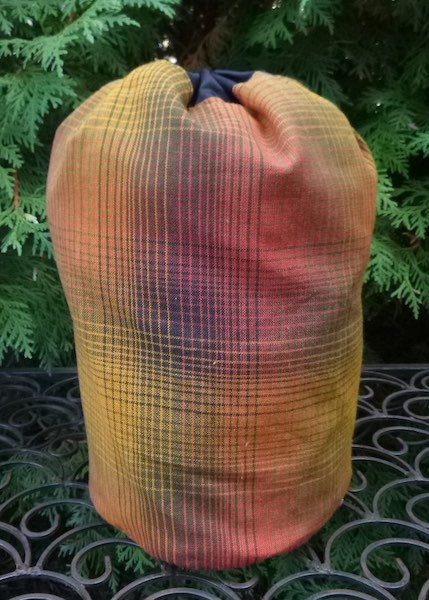 Pumpkin Plaid SueBee Round Drawstring Bag